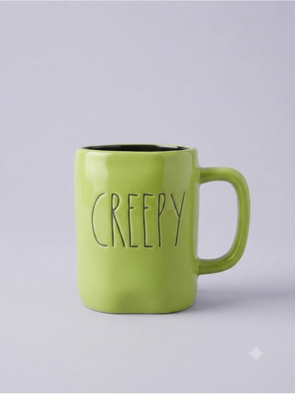 Rae Dunn CREEPY Lime Green Halloween Ceramic Coffee Mug Black Interior NWOT